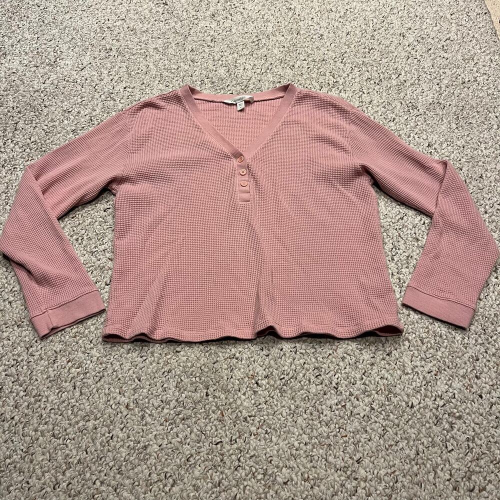 Garnet Hill Waffle Knit Organic Cotton Henley Pullover M Pink Feminine Cozy